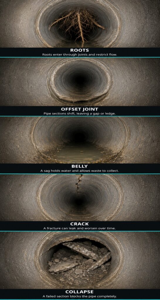 A graphic showing roots, an offset joint, a belly, a crack, and a collapse, each with a one-line caption