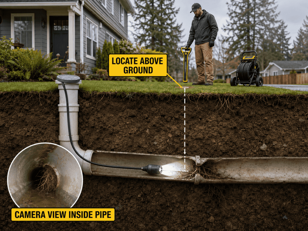 A side-view diagram showing what the camera sees inside the pipe and what a locate establishes above ground