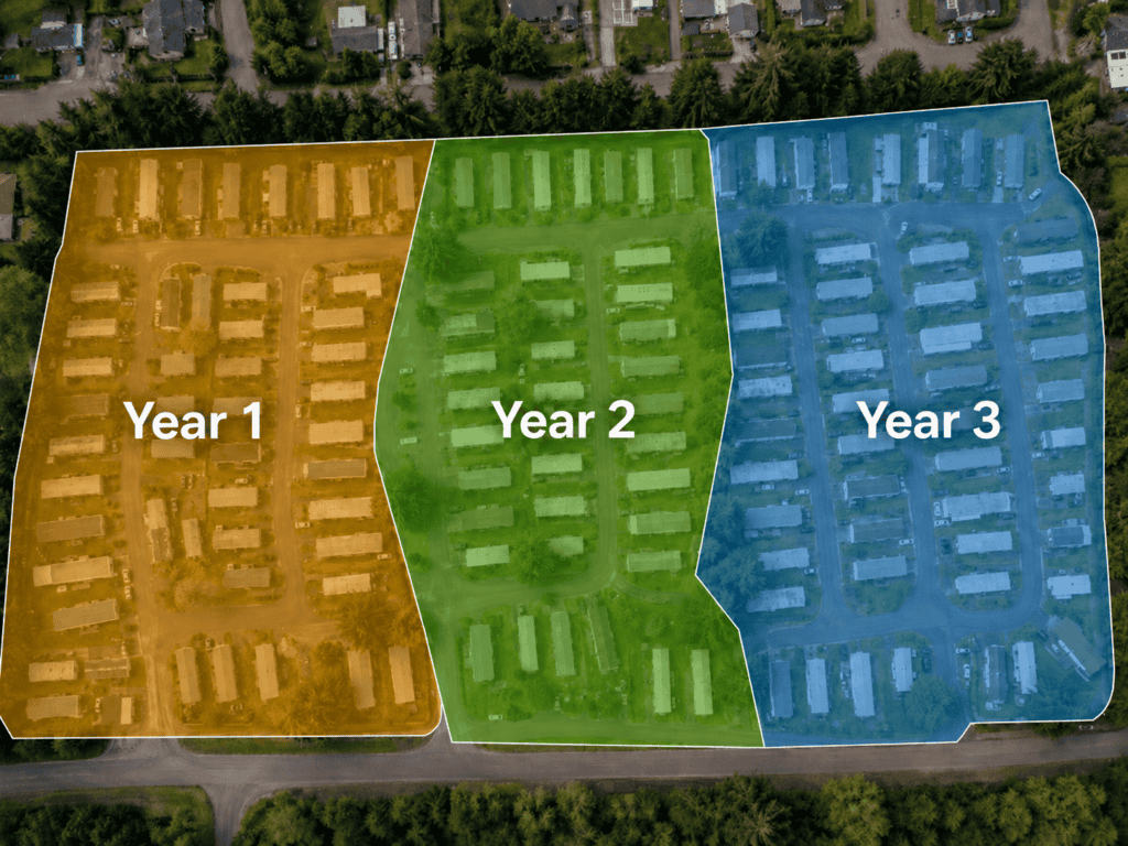 An overhead park map divided into three color-coded sections labeled Year 1, Year 2, and Year 3