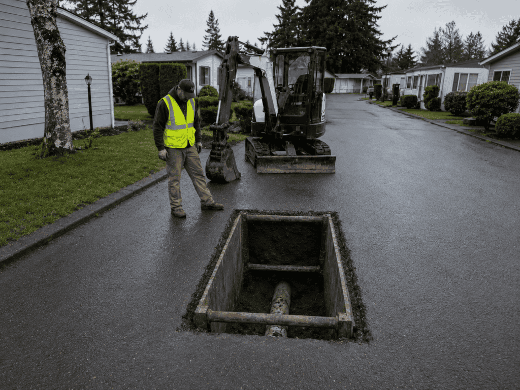 jobsite photo of a small access pit beside a paved road, with a worker and equipment