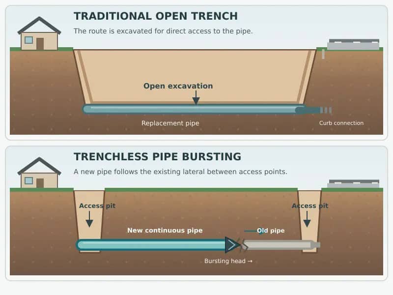 Cutaway comparison of open trench sewer replacement and pipe bursting between two access points