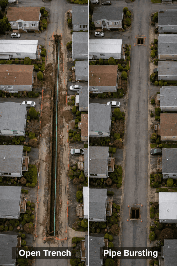 overhead comparison showing a long open trench through the park road on one side and two small trenchless access pits on the other