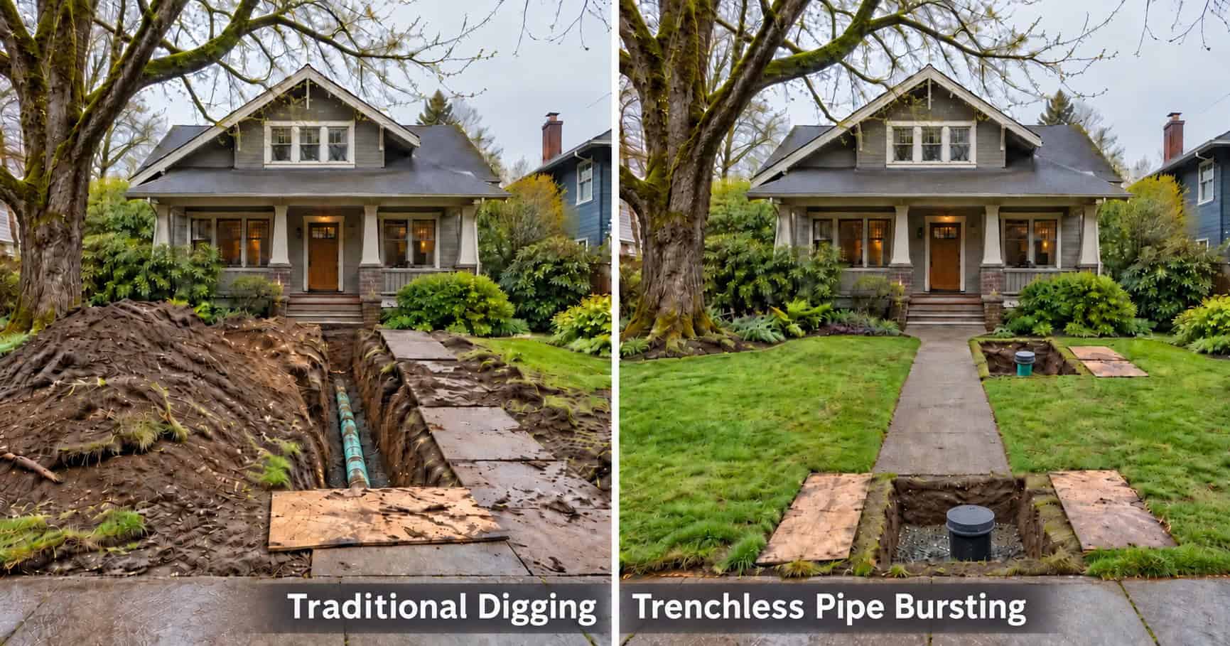 Illustration of a landscaped yard with limited access excavations for sewer replacement