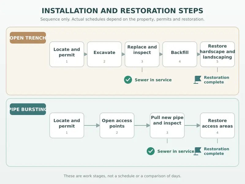 Process steps comparing open trench and pipe bursting through final property restoration